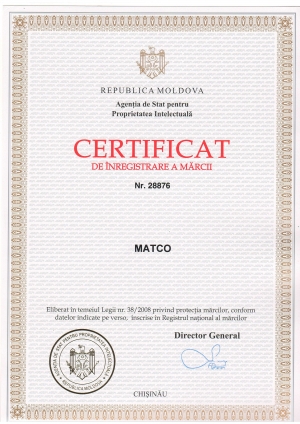 Certificat de inregistrare a marcii comerciale MATCO®